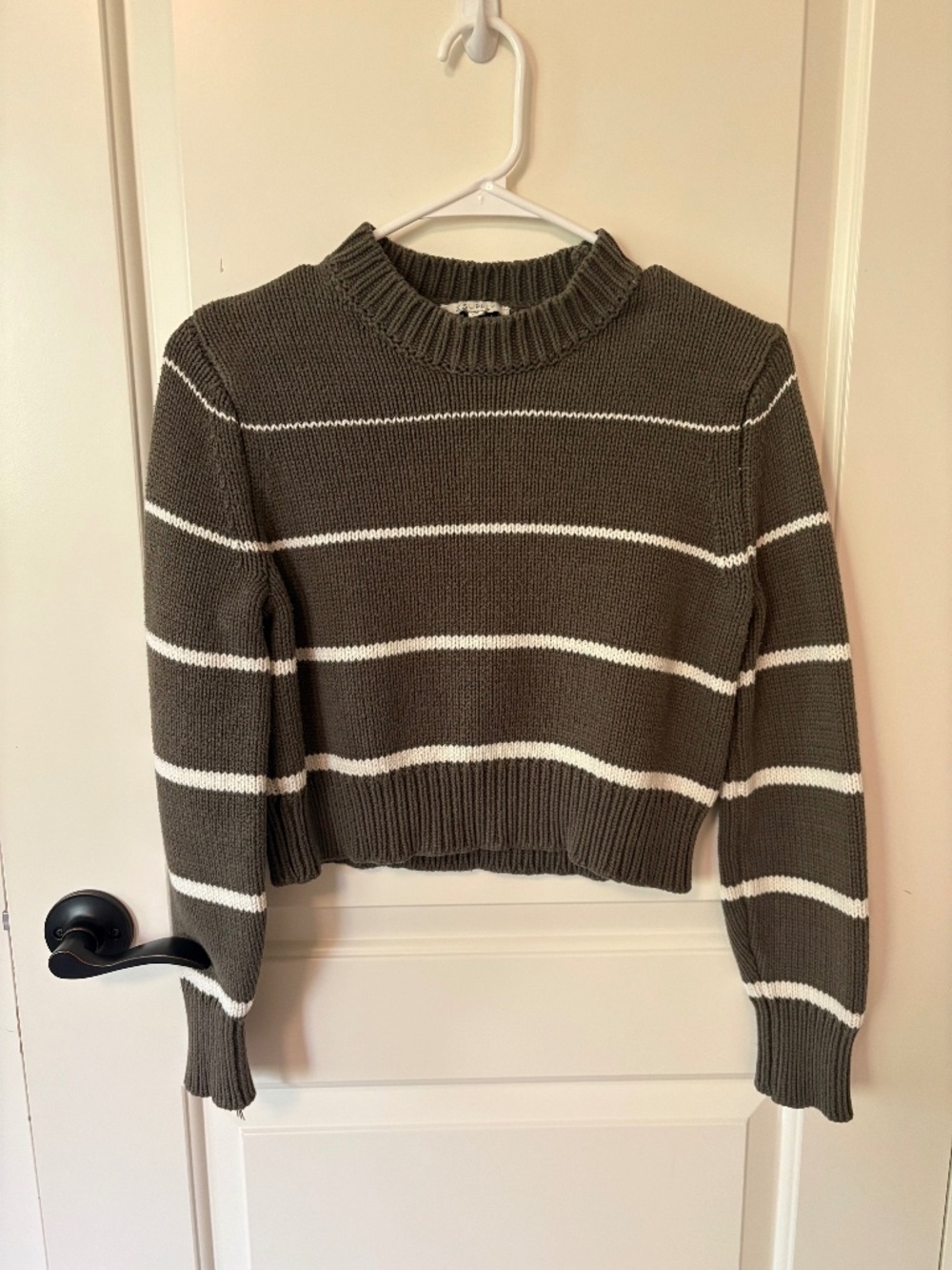Z Supply Dark Green Cropped Knit Sweater with White Stripes Size XS